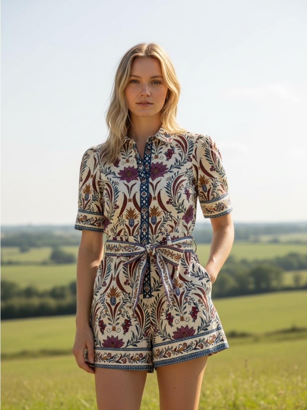 House of Harlow 1960 Tuckernuck Cream Floral Print Short-Sleeve Romper